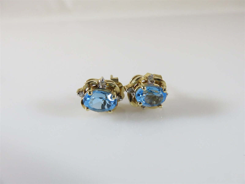 Lovely High Quality 14K Yellow Gold Blue Topaz & Diamond Stud Earrings - Just Stuff I Sell