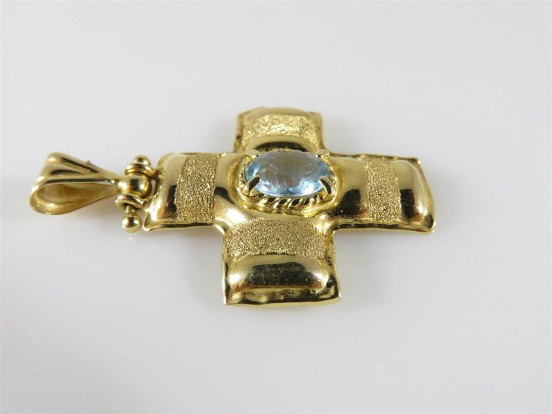 14K Gold Polished Textured Gold Cross with Oval Topaz Stone 3.1 Grams - Just Stuff I Sell