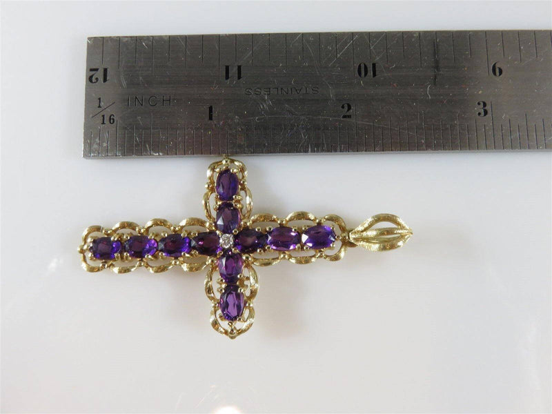 Fab 2 3/8" TL Amethyst & Diamond Cross Pendant Well Made 14K L J 8.6 Gram - Just Stuff I Sell
