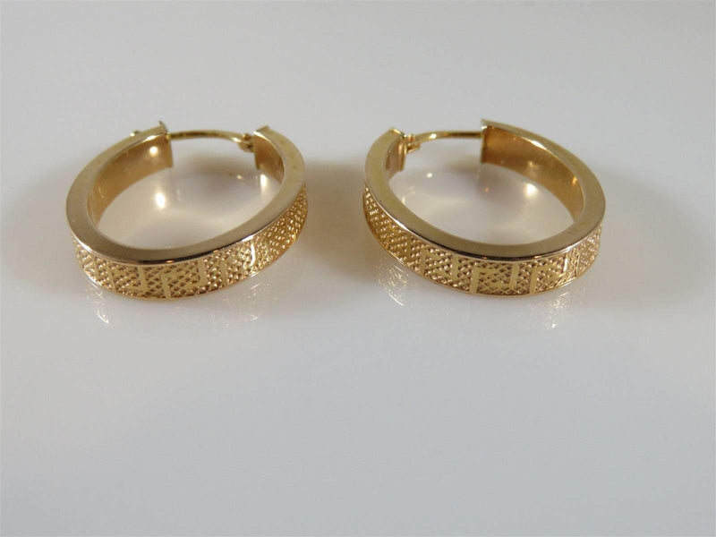 14K Gold Greek Key Oval Hollow Body Rose Colored Hoop Earrings 2.8 Grams - Just Stuff I Sell