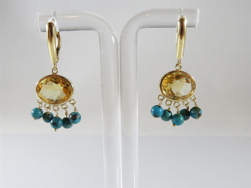 ZB 14K Yellow Gold Oval Citrine and 5 Turquoise Dangle Earrings 3.8 grams - Just Stuff I Sell