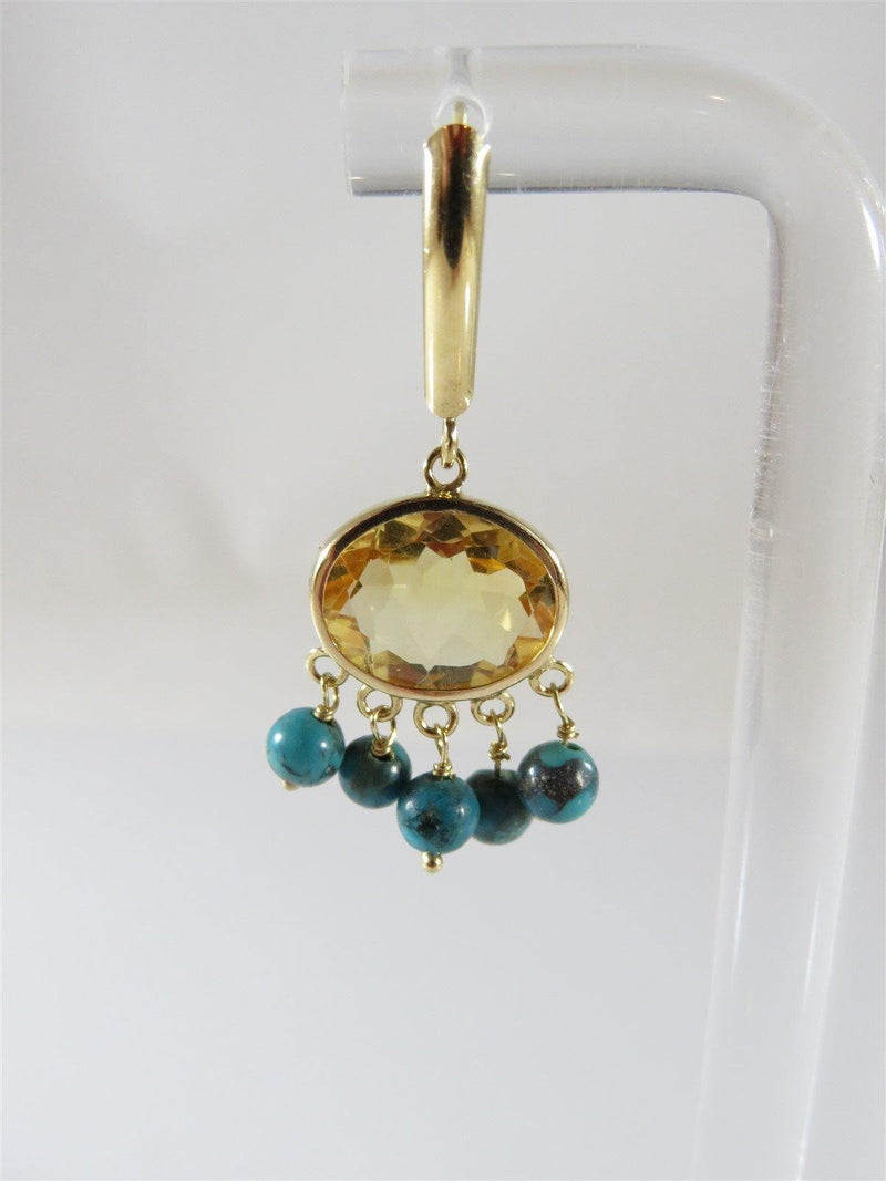 ZB 14K Yellow Gold Oval Citrine and 5 Turquoise Dangle Earrings 3.8 grams - Just Stuff I Sell