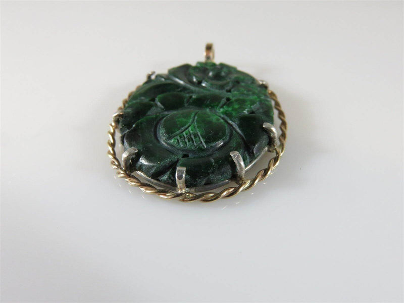 Antique Gold & Silver Wrapped Carved Pierced Spinach Jade Lotus Blossom Pendant - Just Stuff I Sell