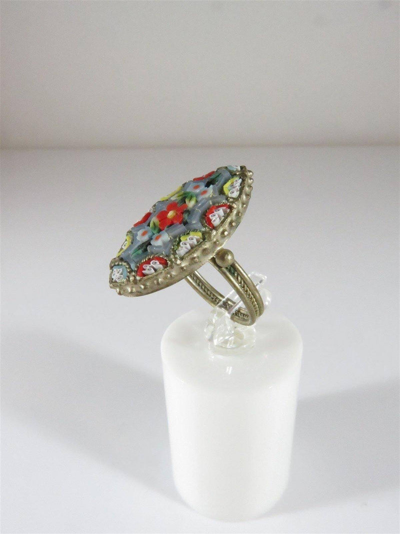 Antique Floral Micro Mosaic Navette Grand Tour Souvenir Ring Size 5 1/2 Brass - Just Stuff I Sell
