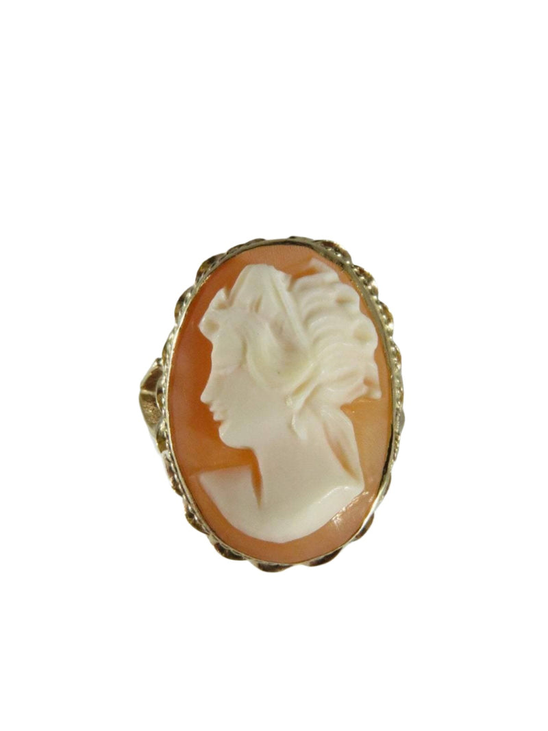 Beautiful Bold 14K Yellow Gold Cameo Ring Twist Wire and Rope Accented Size 7.75 - Just Stuff I Sell