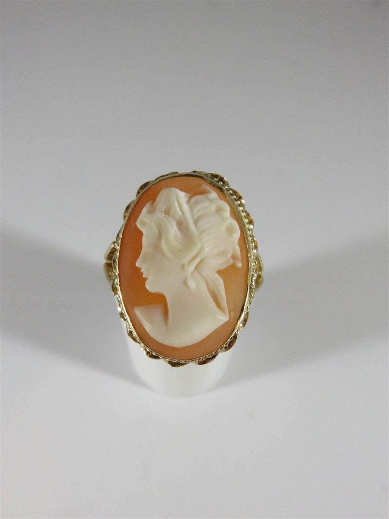 Beautiful Bold 14K Yellow Gold Cameo Ring Twist Wire and Rope Accented Size 7.75 - Just Stuff I Sell