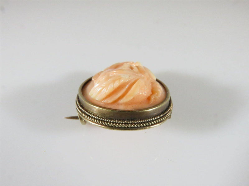 Victorian 18K Yellow Gold Deep Carved Angel Skin Coral Cameo Brooch - Just Stuff I Sell