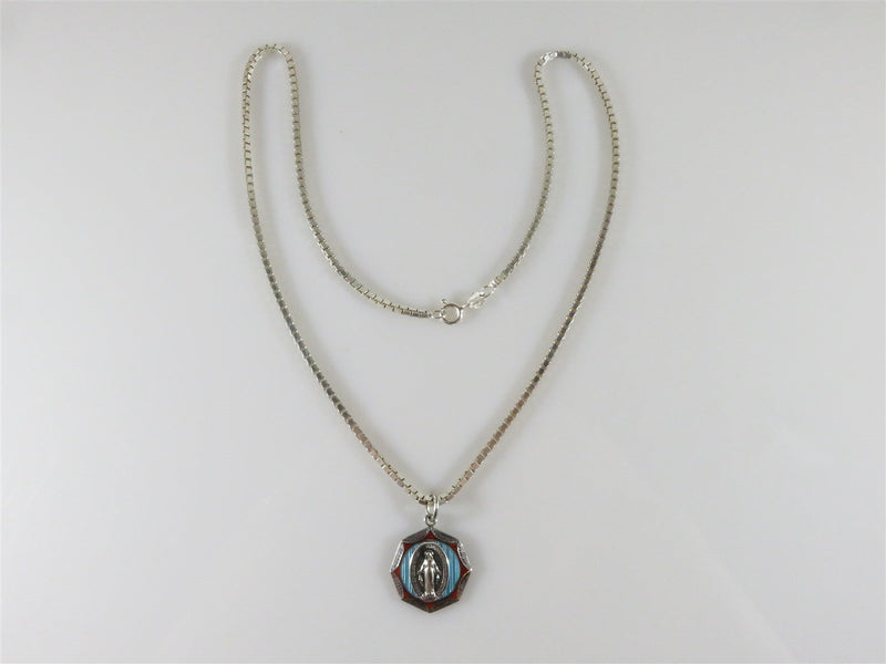 Vintage Sterling Silver Red Blue Enameled Virgin Mary Icon Pendant 18" Box Chain - Just Stuff I Sell