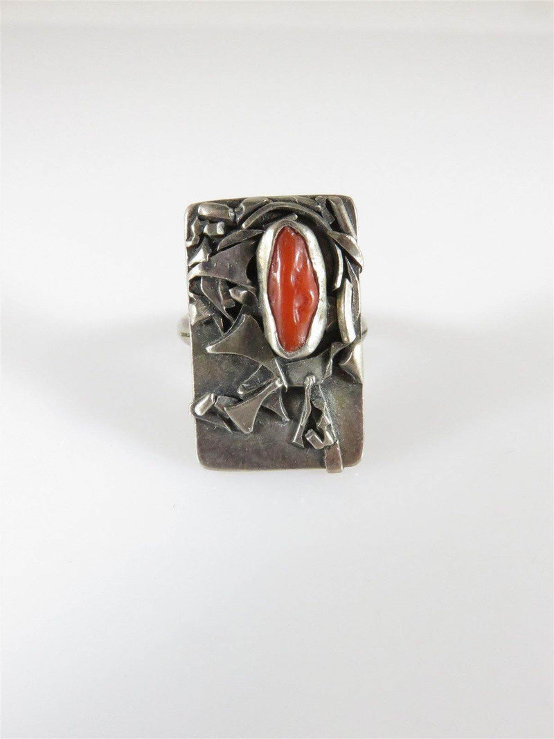 Brutalist Design Coral Setting Abstract Art Ring Size 6.5 Sterling Silver Unisex - Just Stuff I Sell