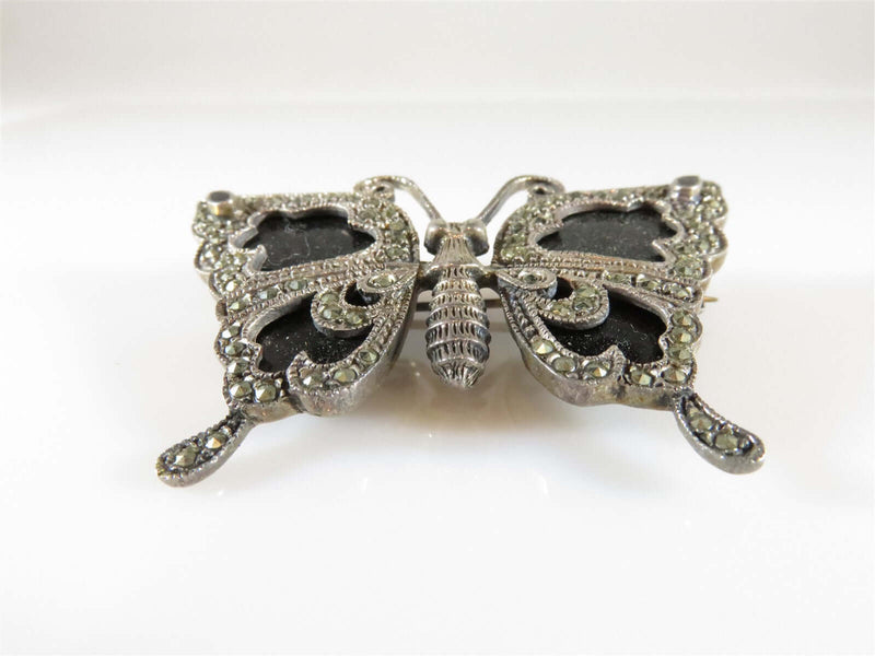 17.2 Gram Sterling Silver, Onyx & Marcasite Butterfly Brooch 2" Approx - Just Stuff I Sell