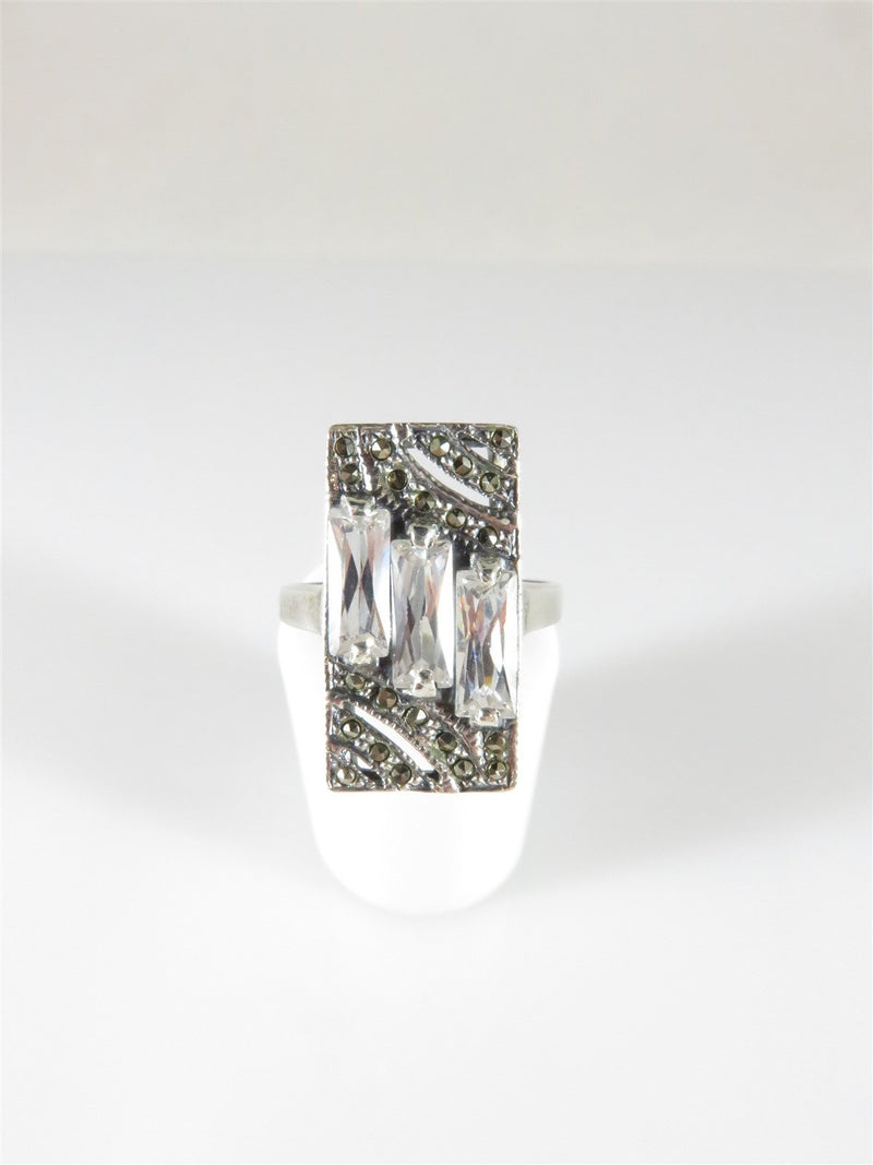 Marcasite & Baguette Cut Glass Sterling Silver Ring Bold Sparkly Size 7.25 - Just Stuff I Sell