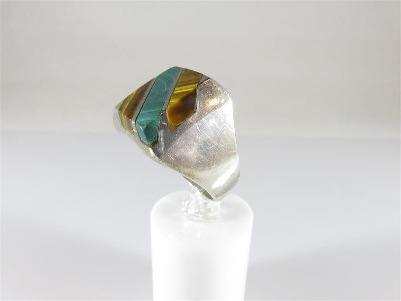 Size 11.5 925 Sterling Inlaid Malachite & Tiger Eye Mexico Men's Ring 925MC - Just Stuff I Sell