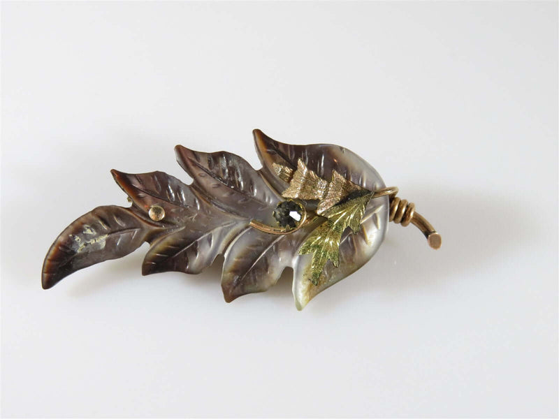 Antique Carved Shell Leaf Brooch Paste, Rose Yellow Gold Plate Needs Pin Replace - Just Stuff I Sell