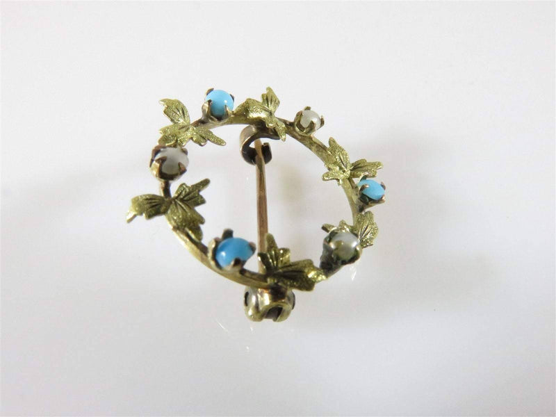 10K Gold Turn of the Century Glass Turquoise & Pearl Leaf Accented Pin - Just Stuff I Sell