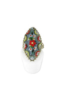 Antique Floral Micro Mosaic Navette Grand Tour Souvenir Ring Size 5 1/2 Brass — Victorian Edwardian • Silver — front view