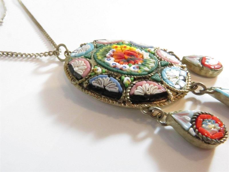 Antique Micro Mosaic Grand Tour Souvenir Floral Dangle Pendant w/ 19" Chain - Just Stuff I Sell