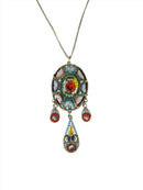 Antique Micro Mosaic Grand Tour Souvenir Floral Dangle Pendant w/ 19" Chain — Necklaces • Silver — front view