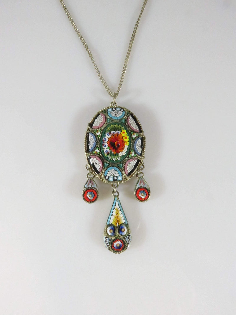 Antique Micro Mosaic Grand Tour Souvenir Floral Dangle Pendant w/ 19" Chain - Just Stuff I Sell