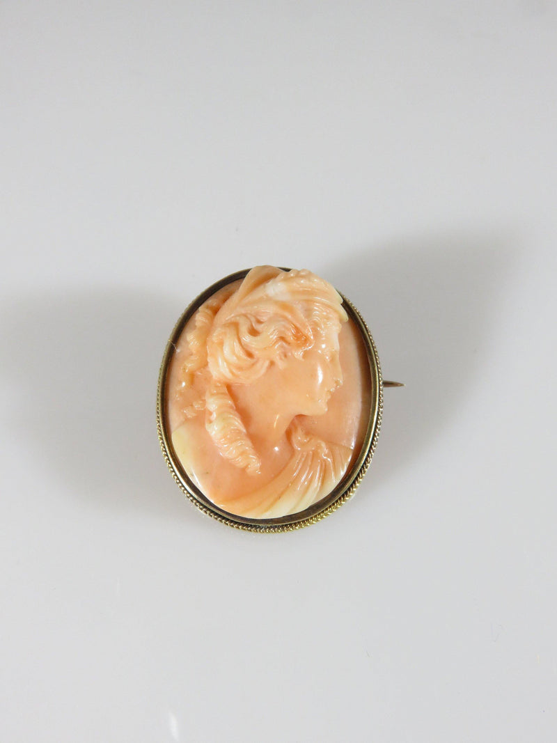 Victorian 18K Yellow Gold Deep Carved Angel Skin Coral Cameo Brooch - Just Stuff I Sell