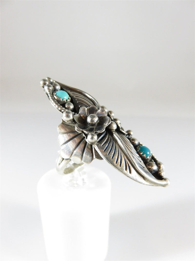 Stunning Navajo Floral Leaf Turquoise Ring Size 8 Herman Smith Pointer Ring - Just Stuff I Sell