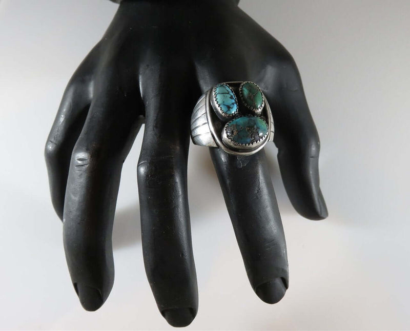 Antique Sterling Silver 3 Turquoise Handmade Men's Biker Ring Size 12 - Just Stuff I Sell
