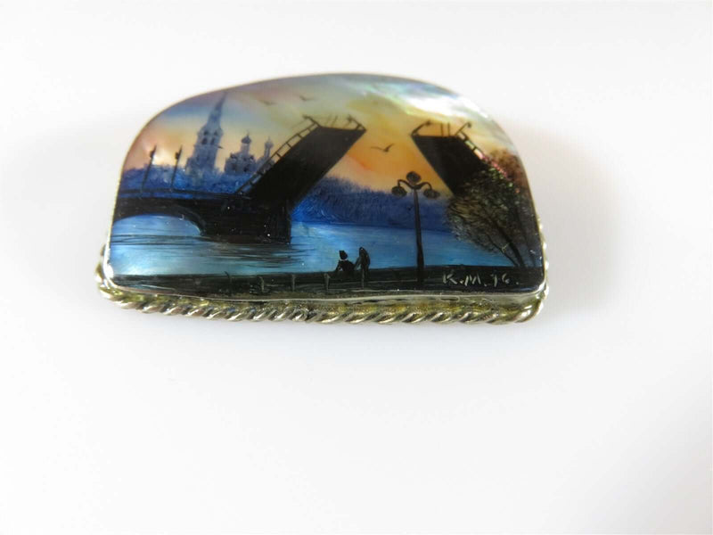 Artisan Hand Painted Shell Brooch of London Bridge Signed K.M. 96, Outstanding! - Just Stuff I Sell