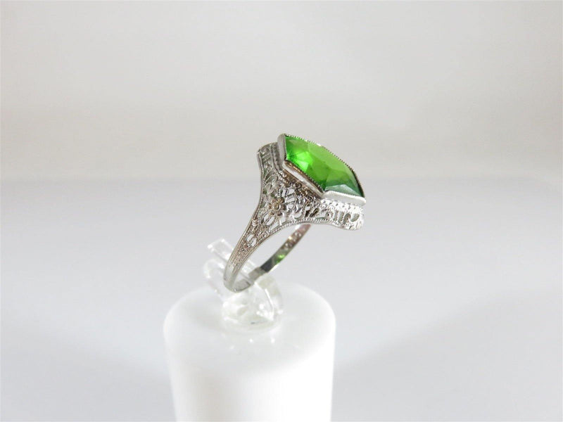 Otsby Barton Art Nouveau 10k White Gold Filigree Setting Green Glass Ring Size 7 - Just Stuff I Sell