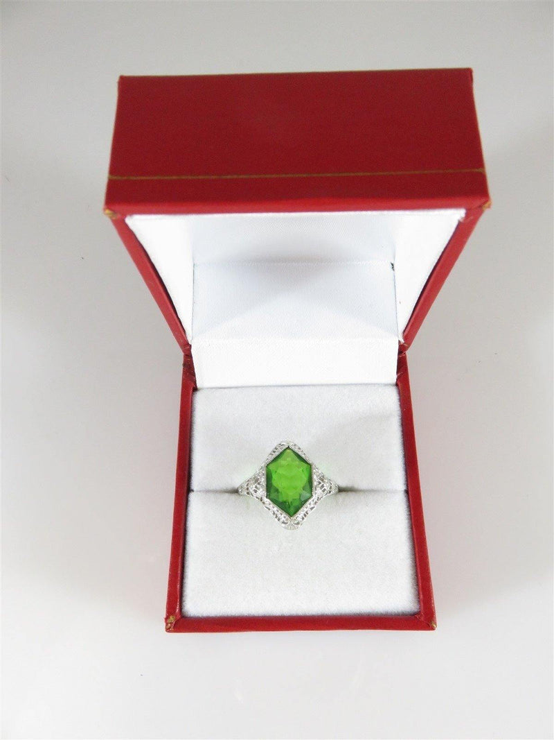 Otsby Barton Art Nouveau 10k White Gold Filigree Setting Green Glass Ring Size 7 - Just Stuff I Sell