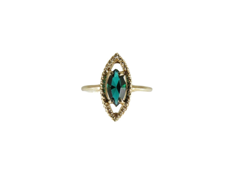 Navette Style Vintage Green Stone Textured Setting Solitaire 10K Ring Size 5.25 - Just Stuff I Sell