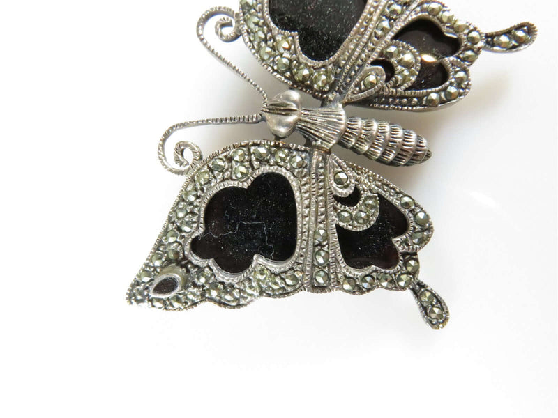 17.2 Gram Sterling Silver, Onyx & Marcasite Butterfly Brooch 2" Approx - Just Stuff I Sell