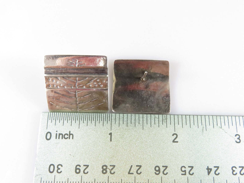 925 Sterling Tree Designed 1" Square Pierced Earrings Taxco? Artisan? - Just Stuff I Sell
