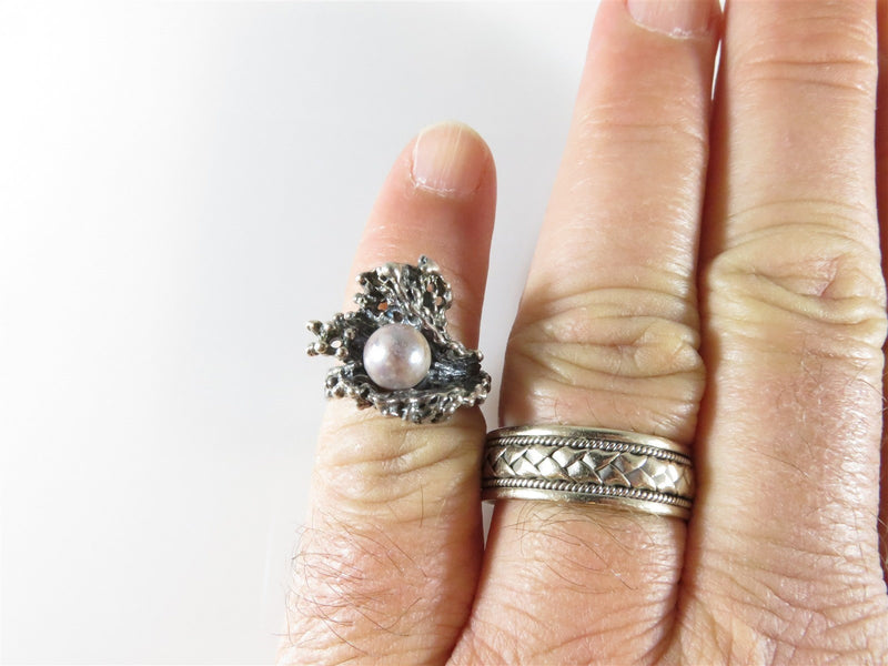 Vintage Designer Sterling Silver Pink Pearl Brutalist Ring Sz 6.75 & 7.7 Grams - Just Stuff I Sell