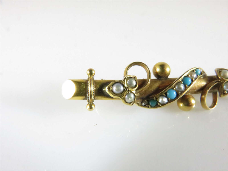 Antique Edwardian Victorian 9K Yellow Gold Seed Pearl Turquoise Bar Pin 1 1/2" - Just Stuff I Sell