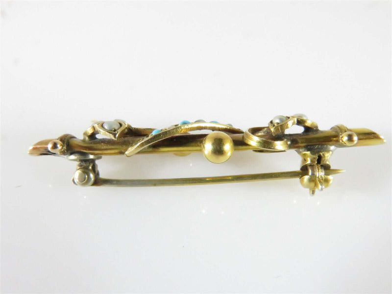 Antique Edwardian Victorian 9K Yellow Gold Seed Pearl Turquoise Bar Pin 1 1/2" - Just Stuff I Sell