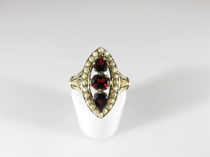 Antique 9K Yellow Gold Victorian Garnet Seed Pearl Navette Wedding Ring Sz 6.75 - Just Stuff I Sell