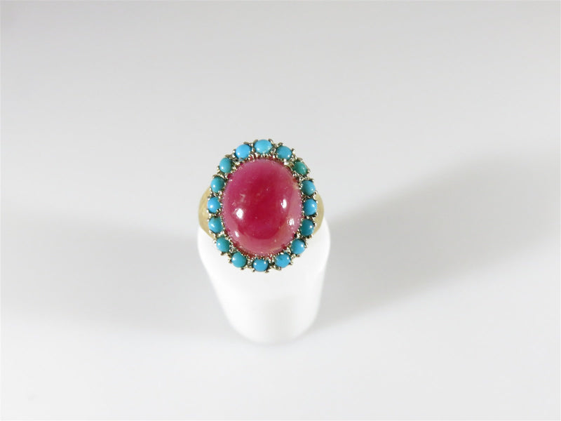 Solid 18K Gold Cabochon Ruby & Turquoise Accented Ring Size 5.75 Verite Italy - Just Stuff I Sell
