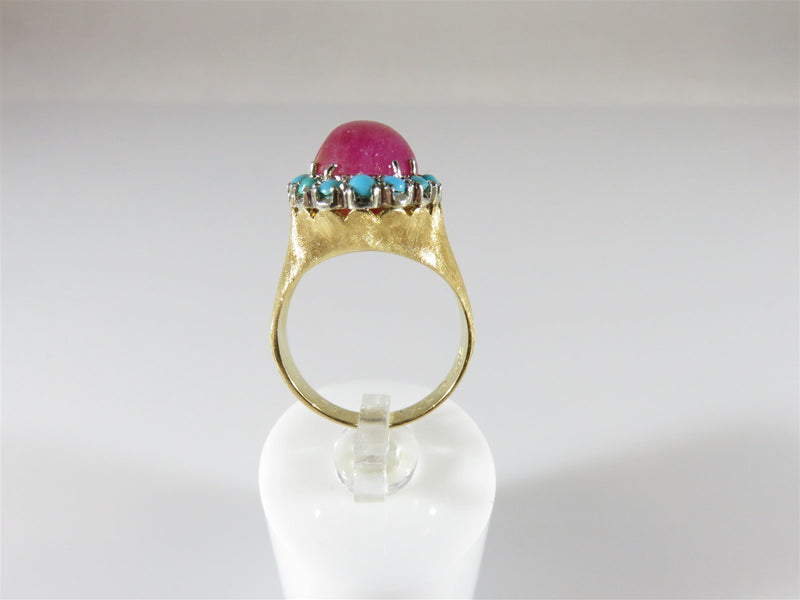 Solid 18K Gold Cabochon Ruby & Turquoise Accented Ring Size 5.75 Verite Italy - Just Stuff I Sell