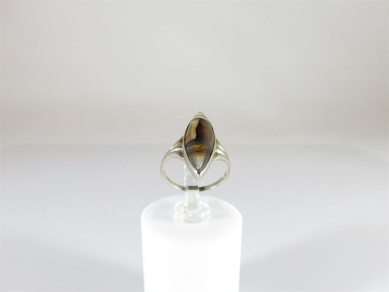 Antique Banded Moss Agate Navette Ring Size 2 1/2 10k White Gold - Just Stuff I Sell