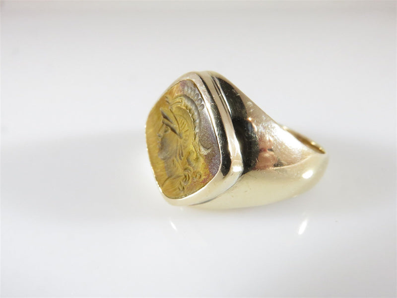 Unique Antique 10K Roman Soldier Intaglio Men's Ring Carved Tiger Eye Pinky Ring - Just Stuff I Sell