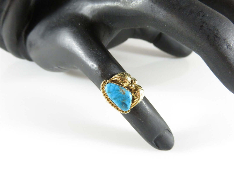 Beautiful Navajo Gold 14K Rich Blue Turquoise Women's Ring Size 4.75 - Just Stuff I Sell