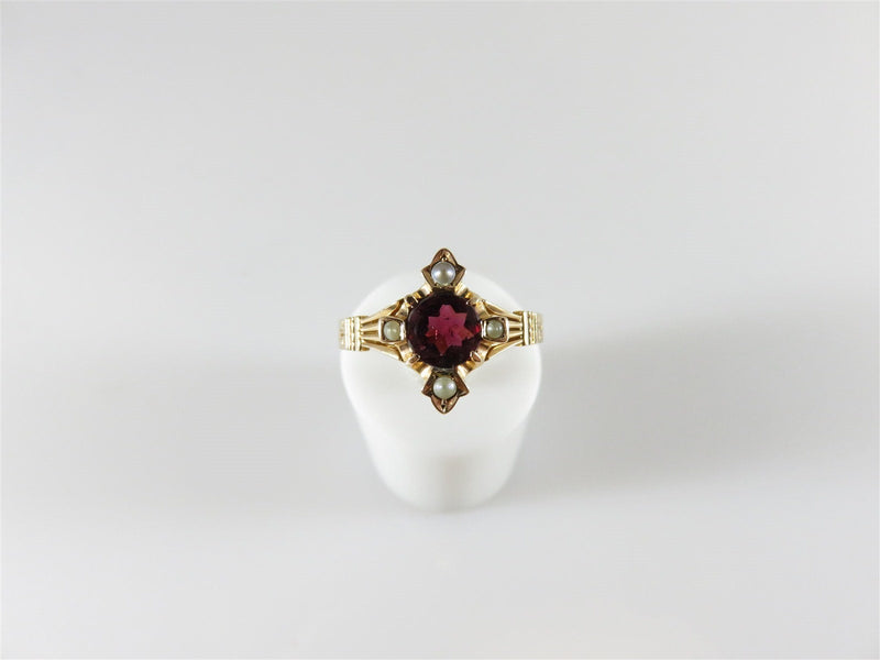 Victorian Wedding Ring Rosy 14K Briollet Cut Solitaire Garnet Seed Pearl Accents - Just Stuff I Sell