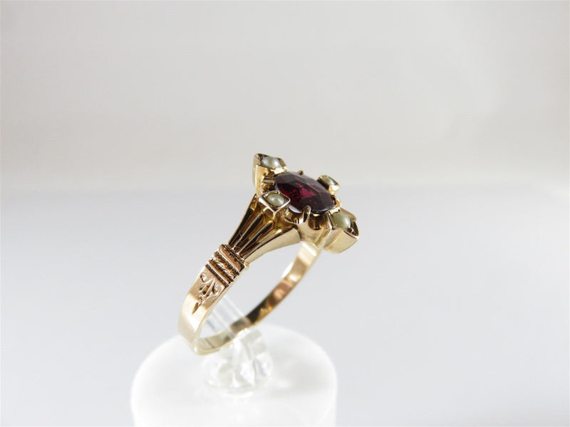 Victorian Wedding Ring Rosy 14K Briollet Cut Solitaire Garnet Seed Pearl Accents - Just Stuff I Sell