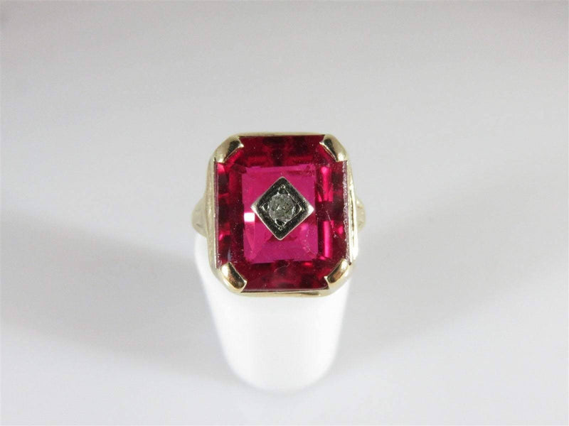 10K Art Deco Style Fancy Diamond Ruby Solitaire Ring Size 7.5 Yellow Gold - Just Stuff I Sell