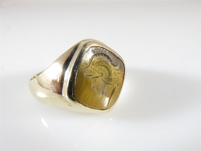Unique Antique 10K Roman Soldier Intaglio Men's Ring Carved Tiger Eye Pinky Ring - Just Stuff I Sell
