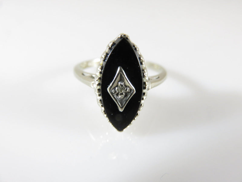 Retro Art Deco Style 10K White Gold Navette Onyx Diamond Ring Size 7.25 - Just Stuff I Sell