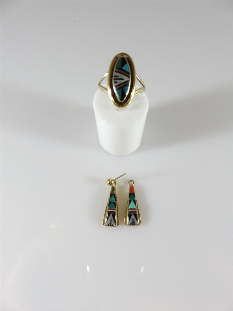 Navajo 14K Gold Fancy Inlaid Ring & Earring Set Ervin Hoskie Earrings For Repair - Just Stuff I Sell