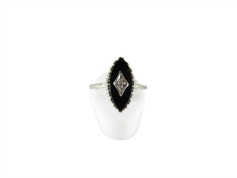 Retro Art Deco Style 10K White Gold Navette Onyx Diamond Ring Size 7.25 - Just Stuff I Sell