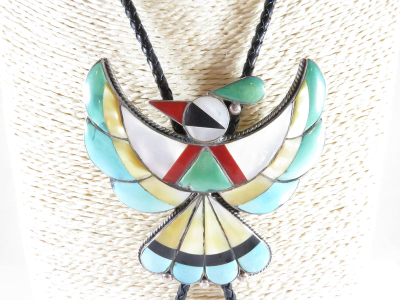 Zuni Thunderbird Sterling Silver Turquoise, MOP, Coral, Onyx Bolo Tie Pendant - Just Stuff I Sell