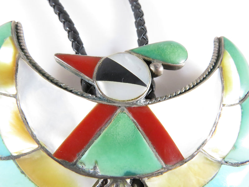 Zuni Thunderbird Sterling Silver Turquoise, MOP, Coral, Onyx Bolo Tie Pendant - Just Stuff I Sell