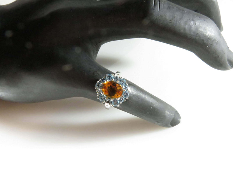 14K White Gold Oval Citrine With Blue Topaz Surround Cocktail Ring Size 7 - Just Stuff I Sell